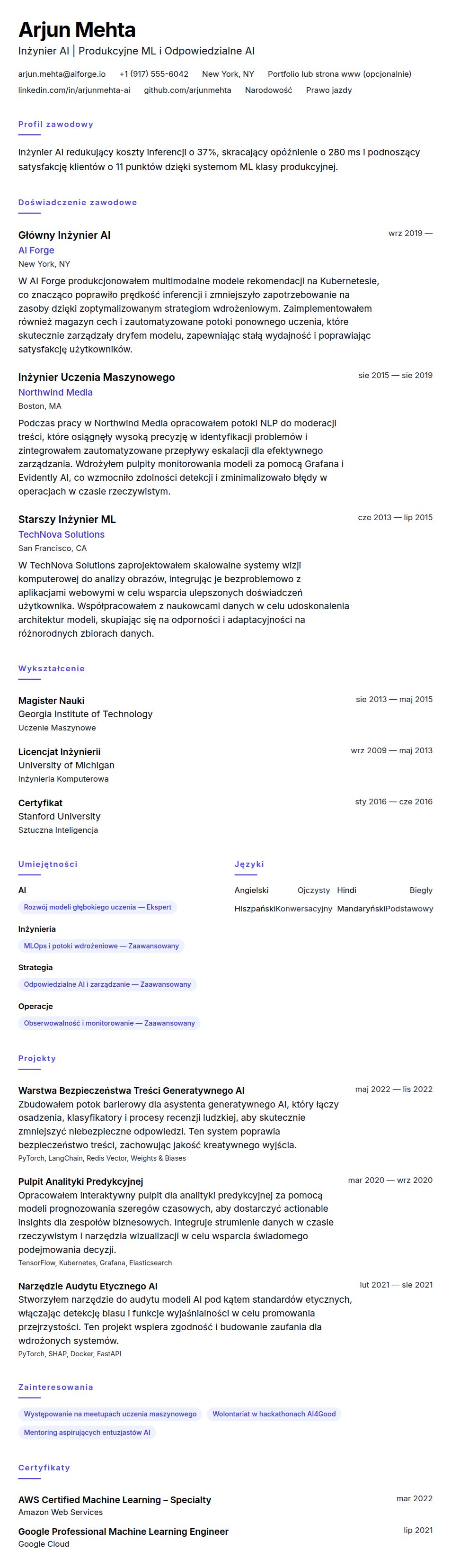 Podgląd CV Przykład CV Inżyniera AI