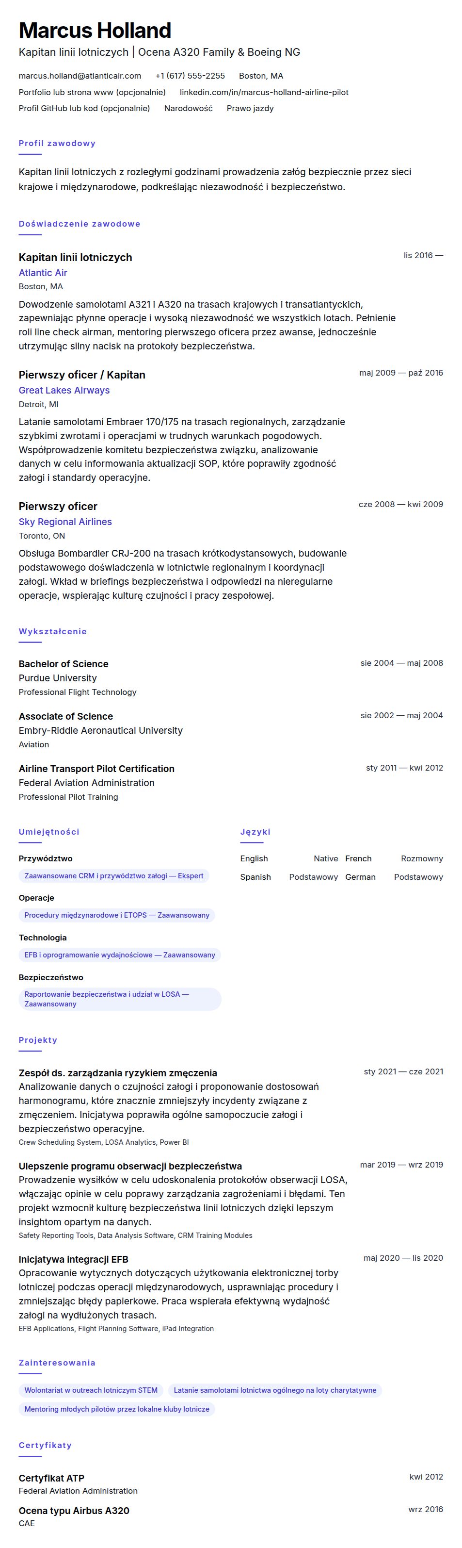 Podgląd CV Przykład CV pilota linii lotniczych