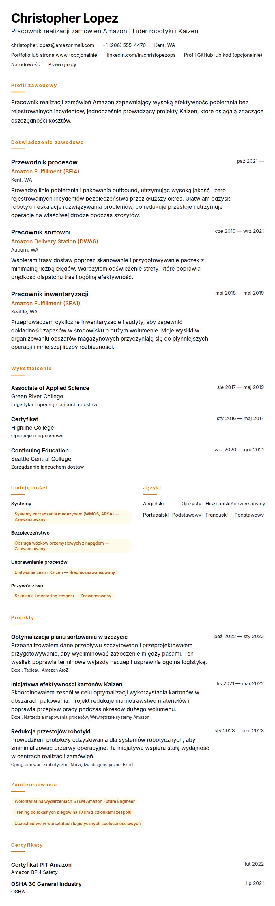 Podgląd CV Przykładowe CV Pracownika Amazon