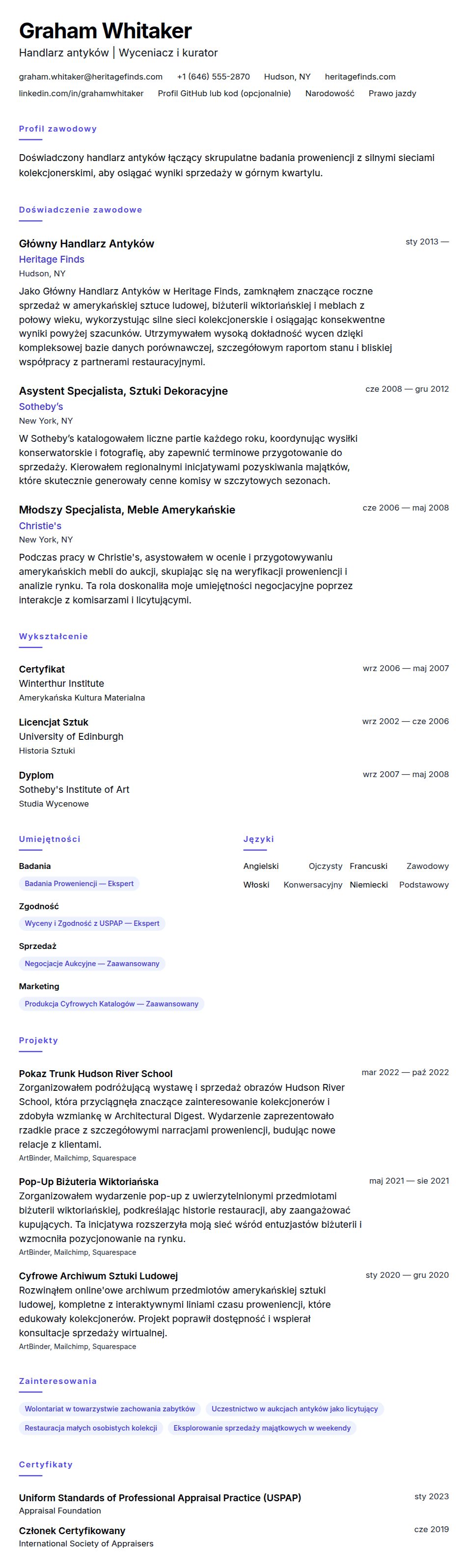 Podgląd CV Przykład CV Handlarza antyków