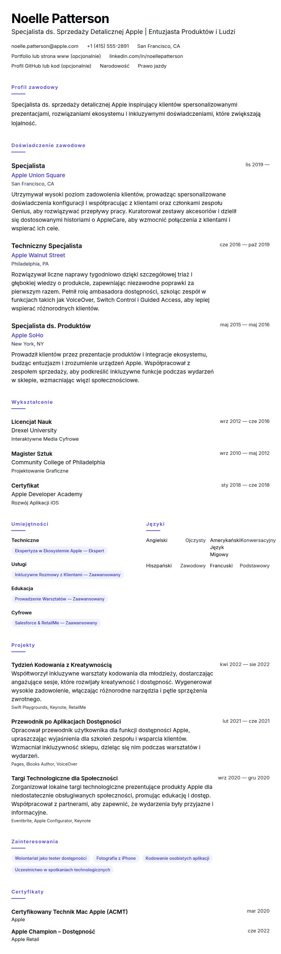 Podgląd CV Przykładowe CV Specjalisty ds. Sprzedaży Detalicznej Apple