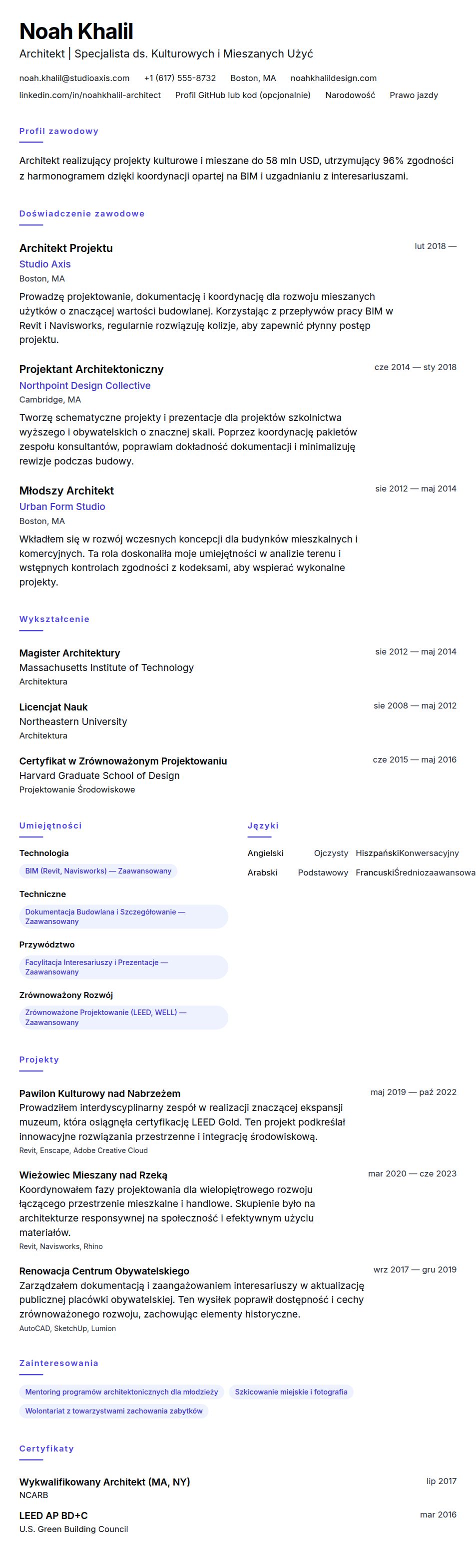 Podgląd CV Przykładowe CV Architekta