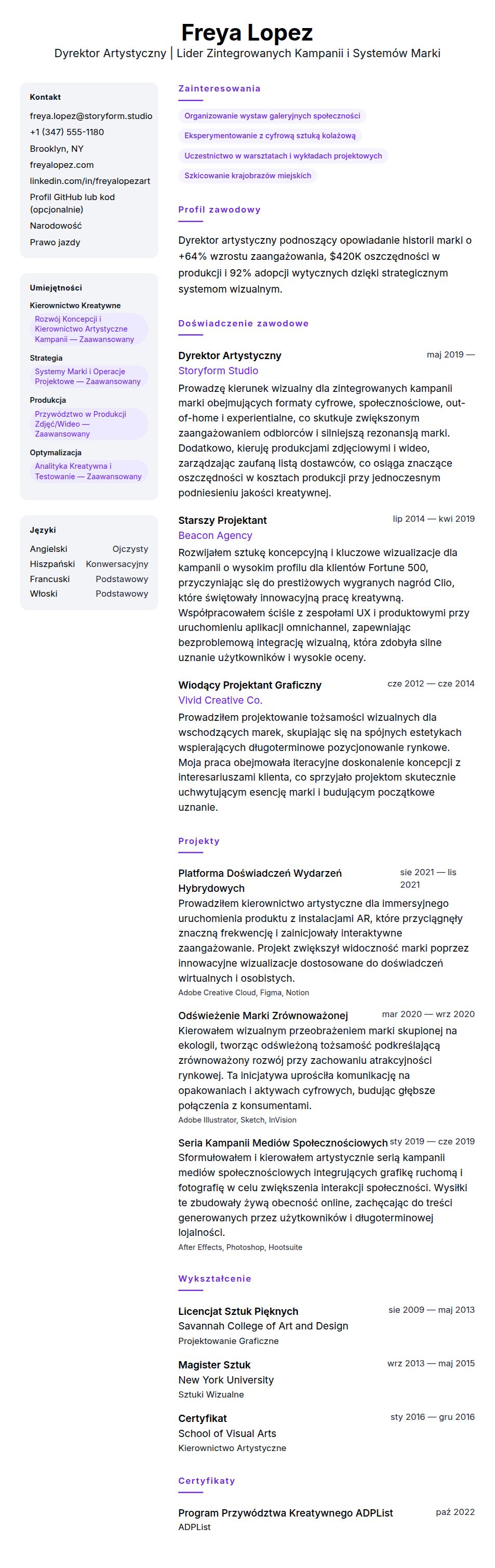 Podgląd CV Przykład CV Dyrektora Artystycznego