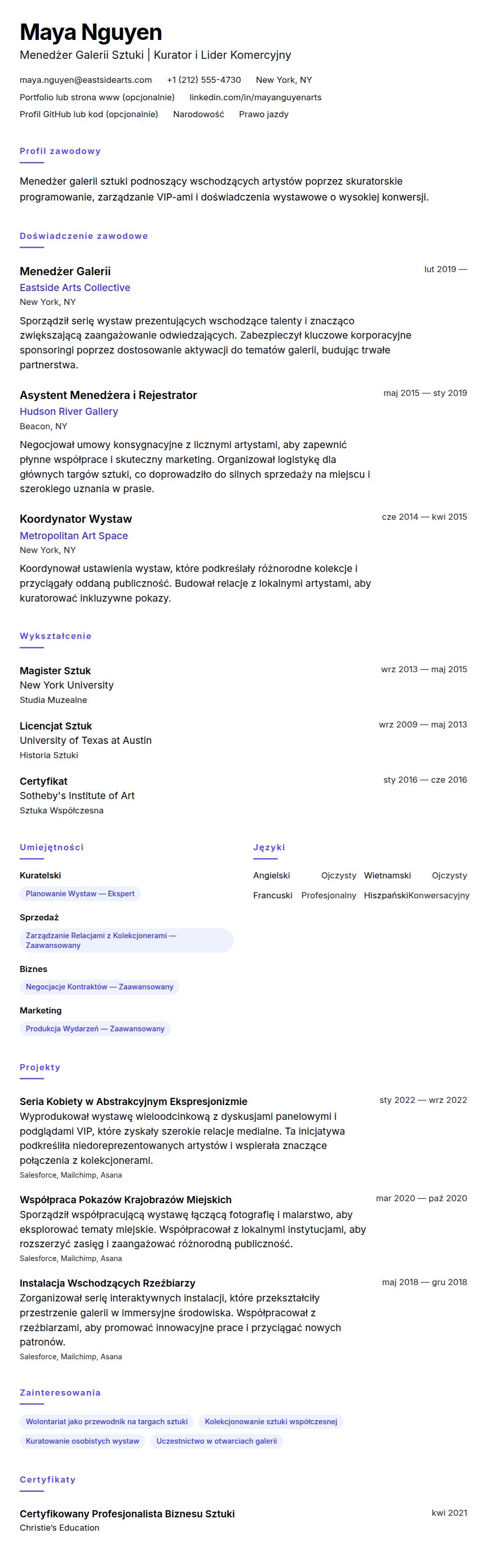Przykładowe CV Menedżera Galerii Sztuki