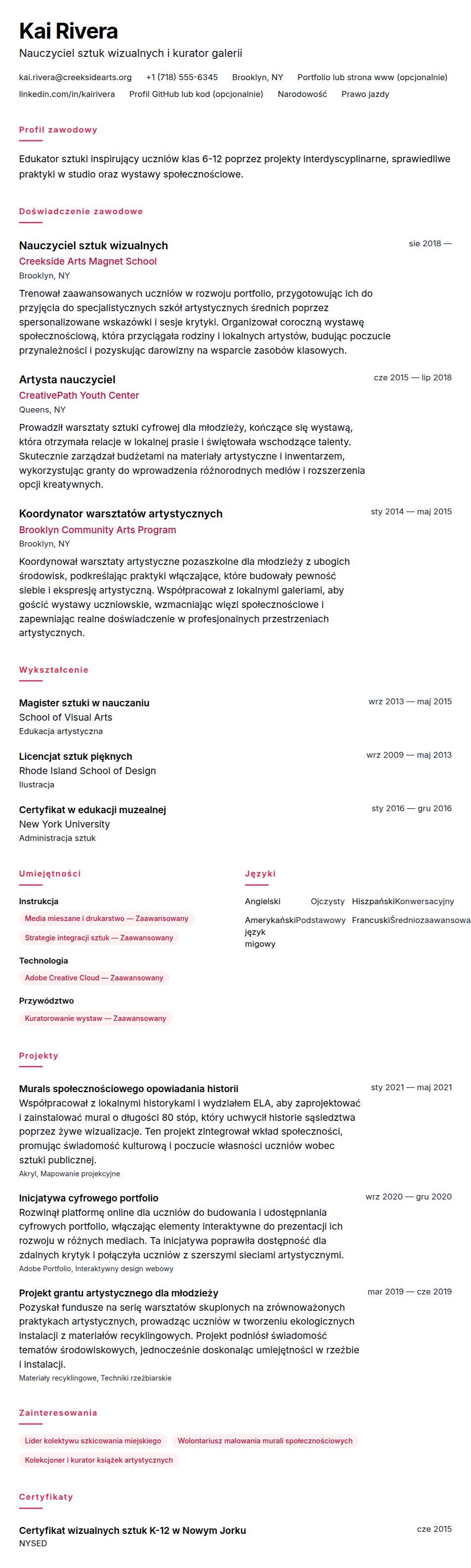 Podgląd CV Przykładowe CV nauczyciela sztuki