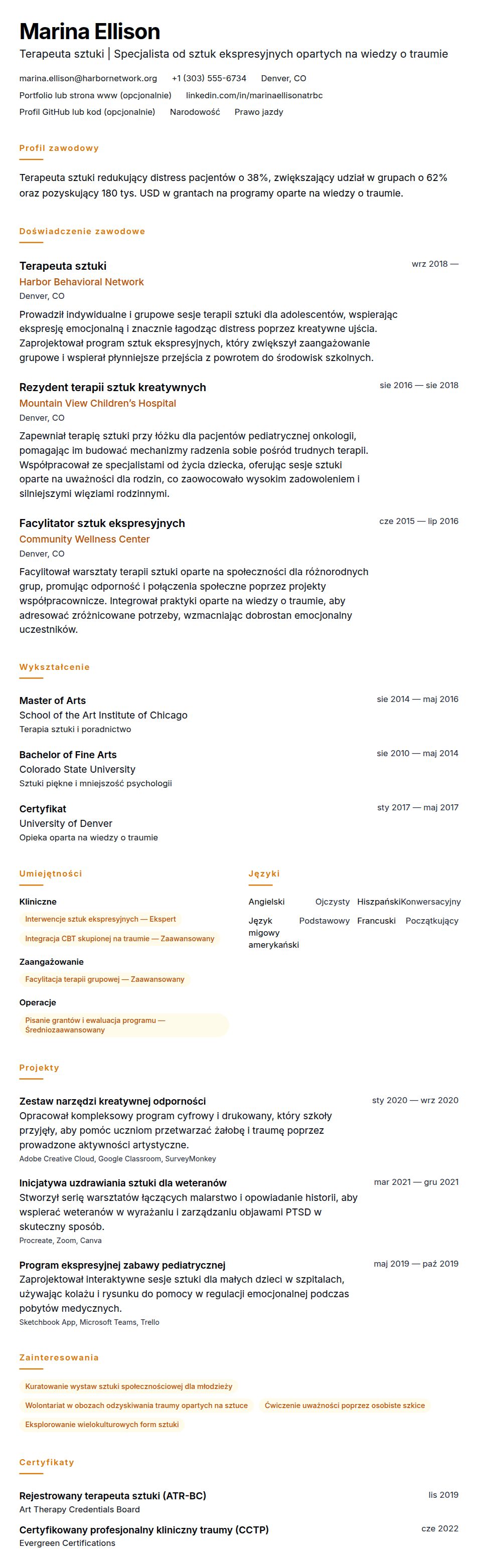 Podgląd CV Przykładowe CV terapeuty sztuki