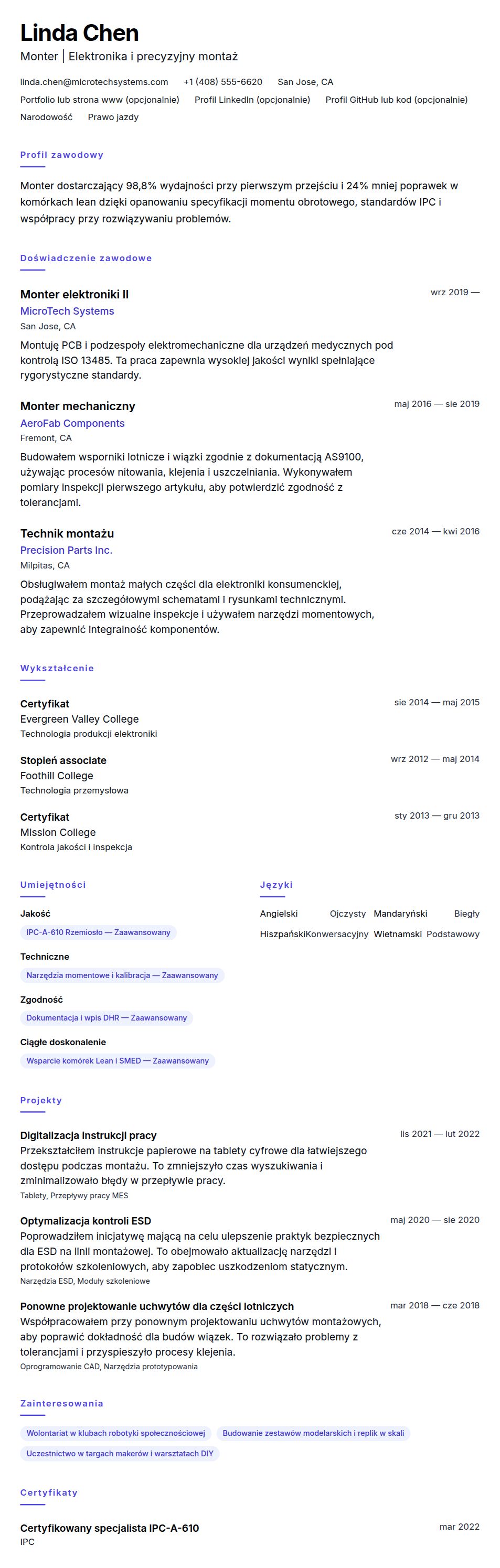 Przykładowe CV Montera