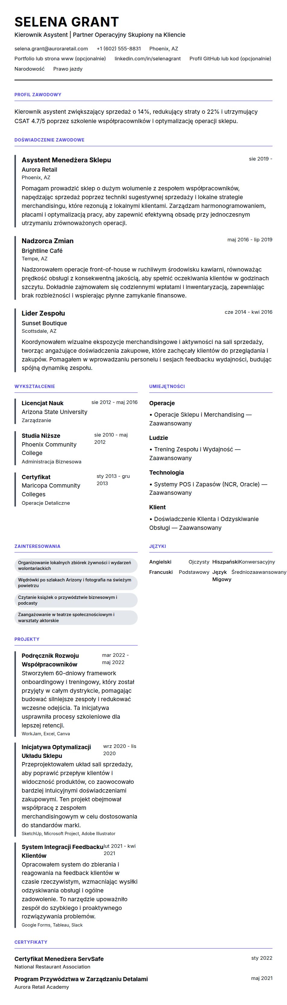 Podgląd CV Przykład CV Kierownika Asystenta