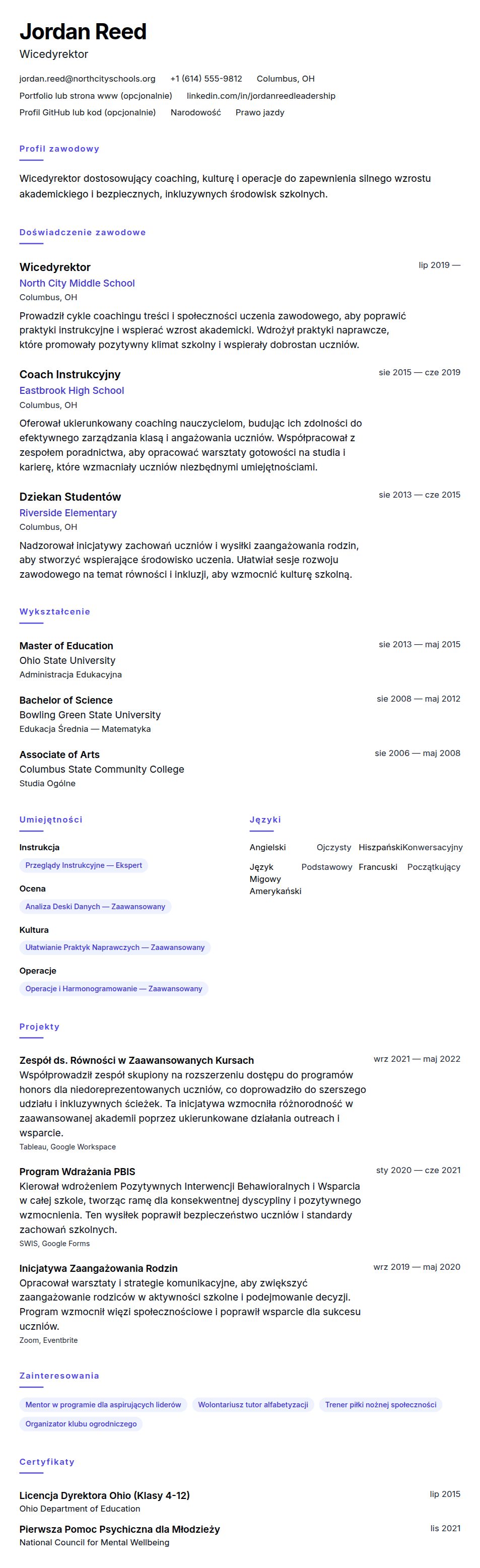 Podgląd CV Przykładowe CV Wicedyrektora