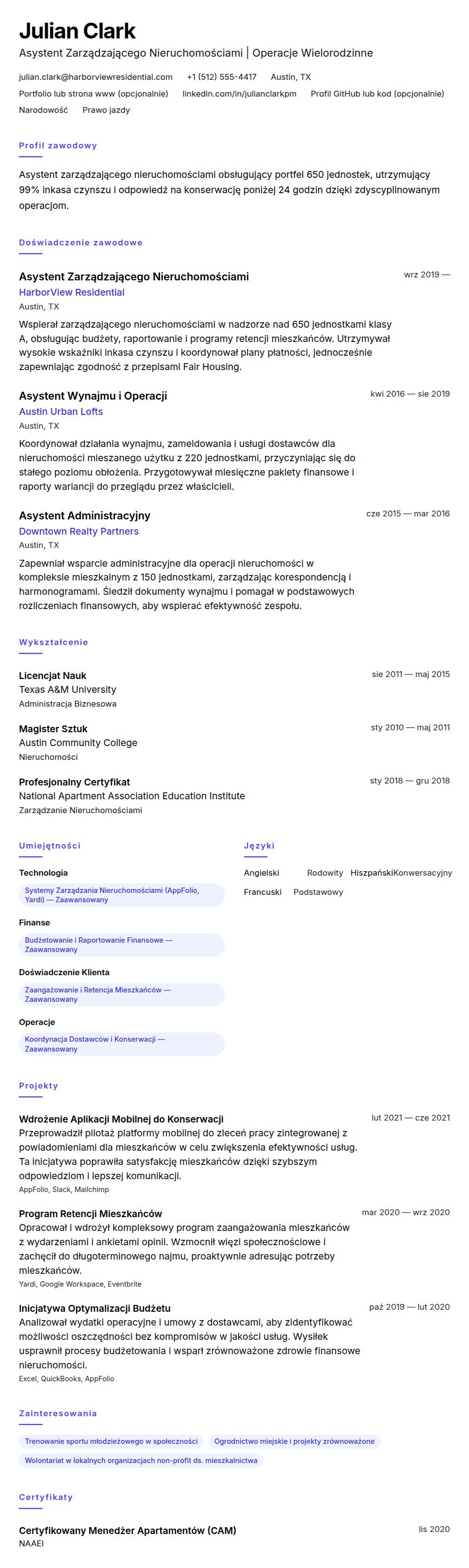 Podgląd CV Przykład CV Asystenta Zarządzającego Nieruchomościami