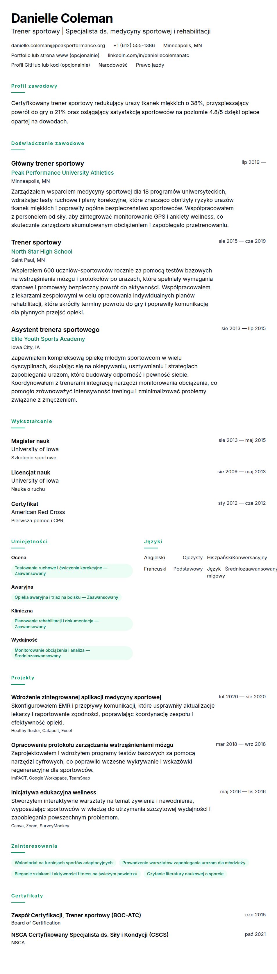 Podgląd CV Przykładowe CV trenera sportowego