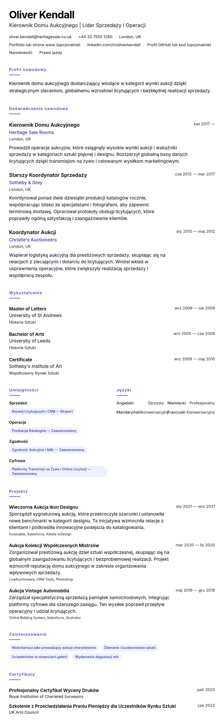 Podgląd CV Przykładowe CV Kierownika Domu Aukcyjnego