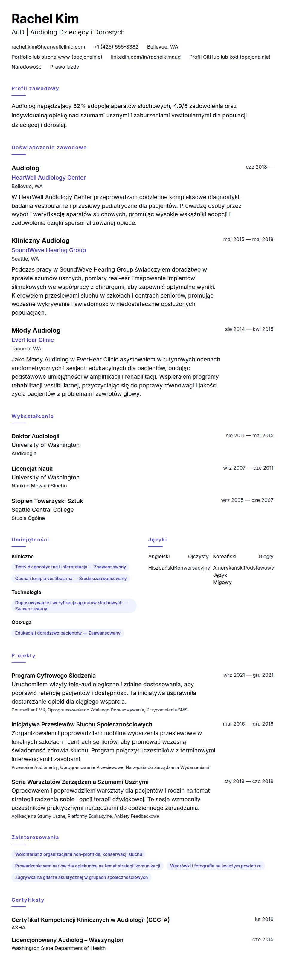 Podgląd CV Przykładowe CV Audiologa