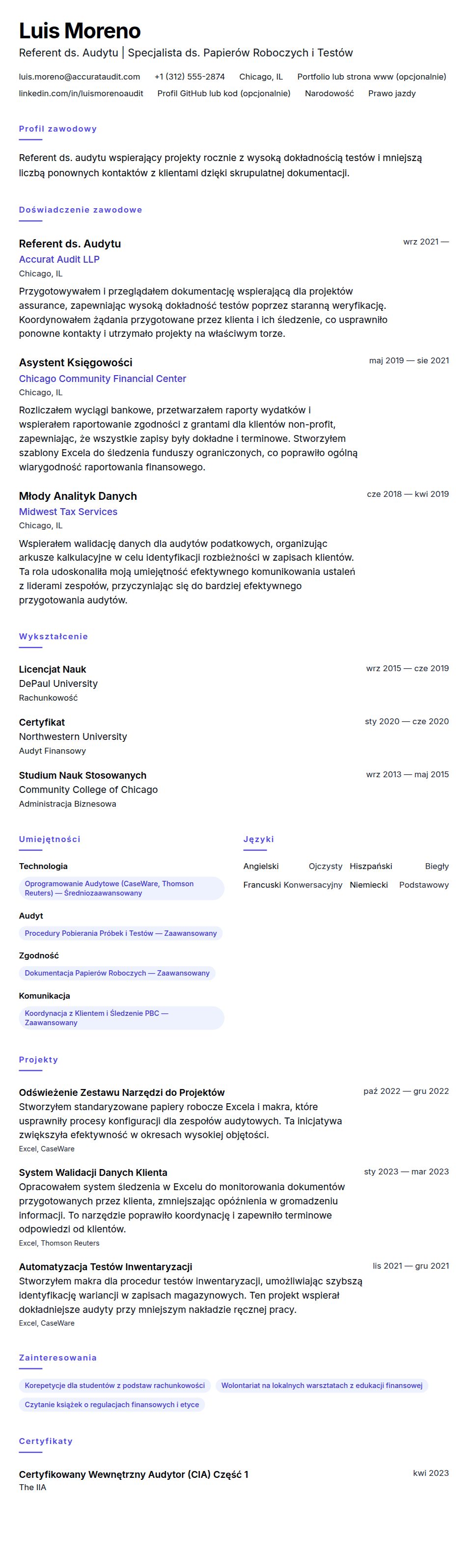 Podgląd CV Przykład CV Referenta ds. Audytu