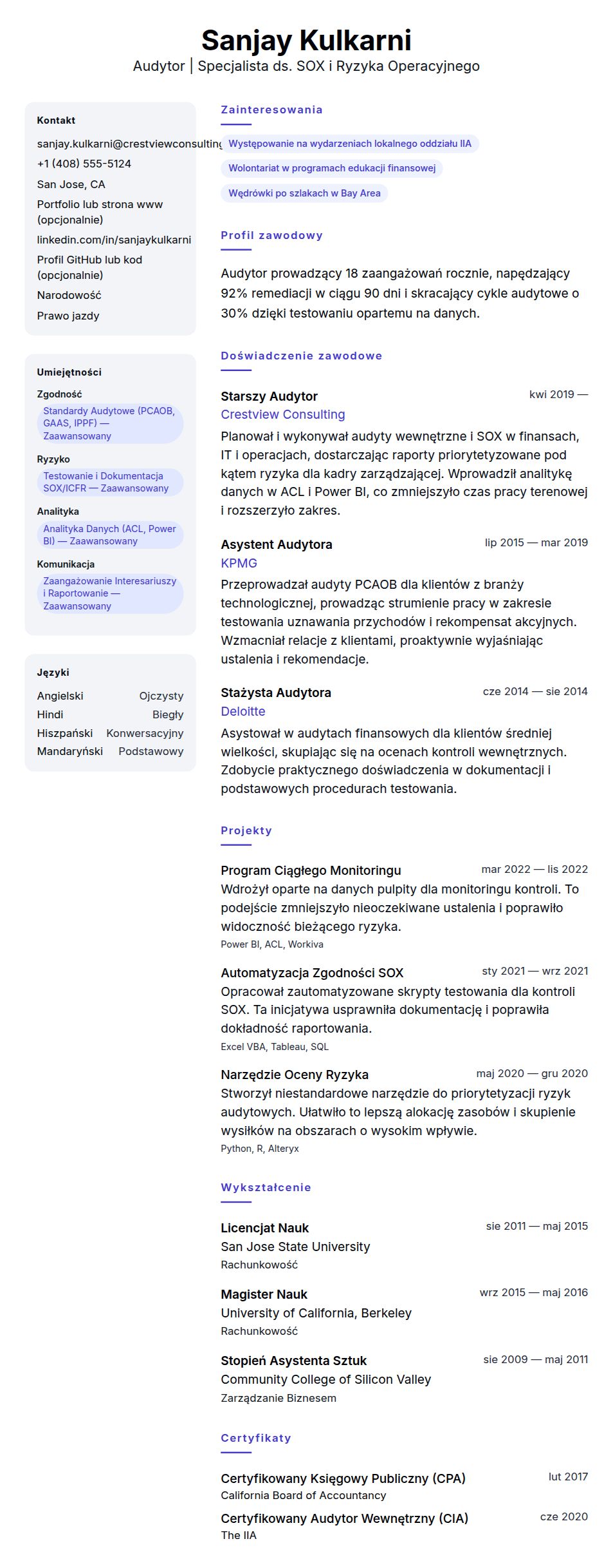Podgląd CV Przykładowe CV Audytora