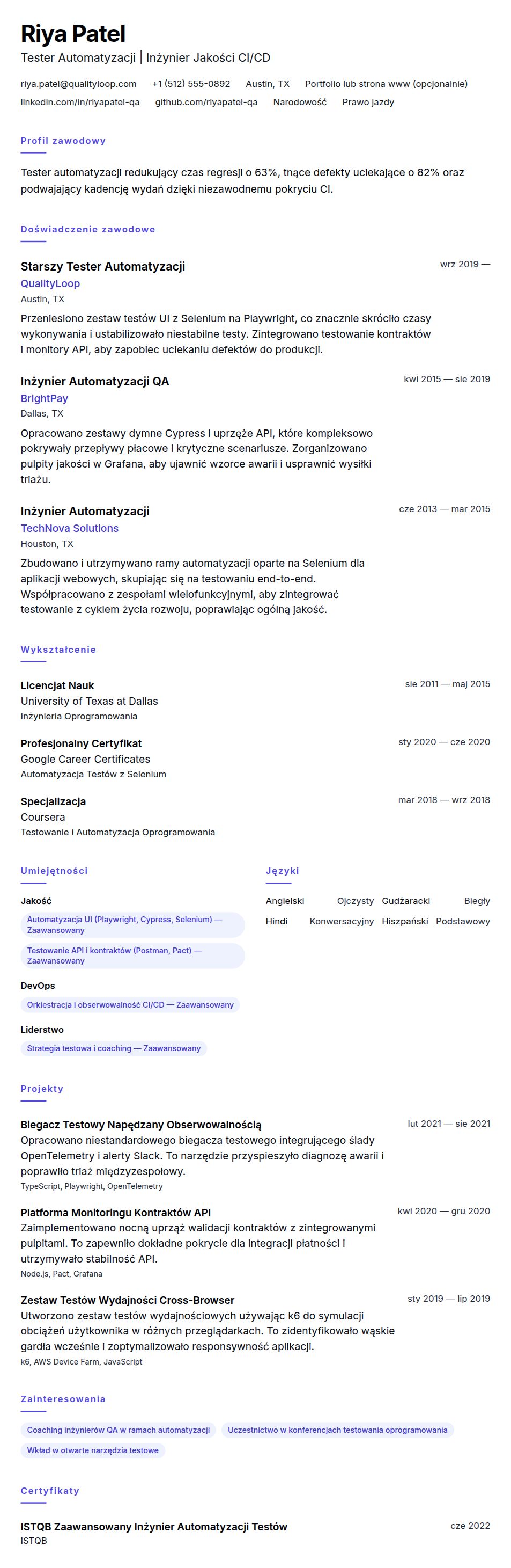 Podgląd CV Przykładowe CV Testera Automatyzacji