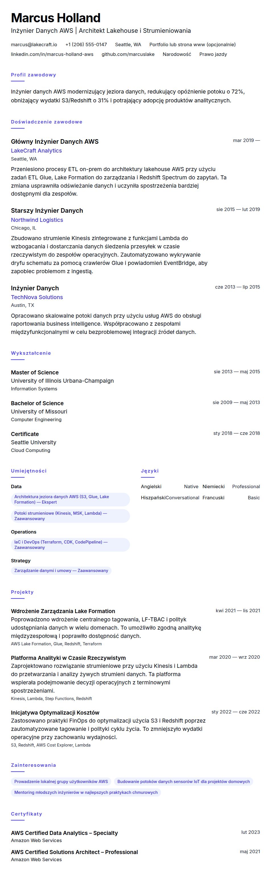 Podgląd CV Przykład CV Inżyniera Danych AWS