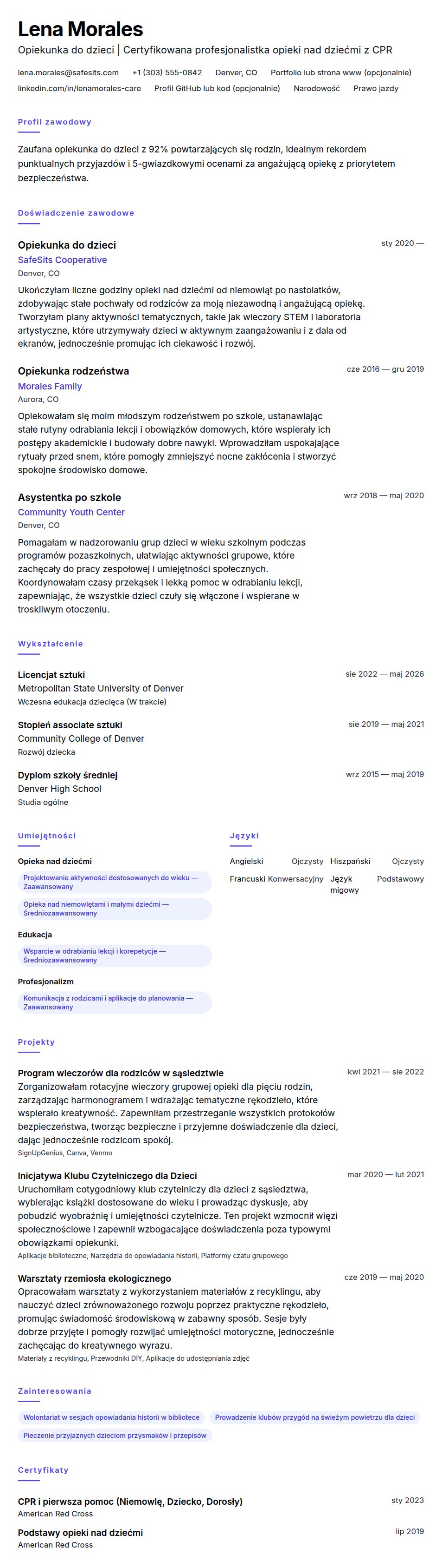 Podgląd CV Przykład CV opiekunki do dzieci