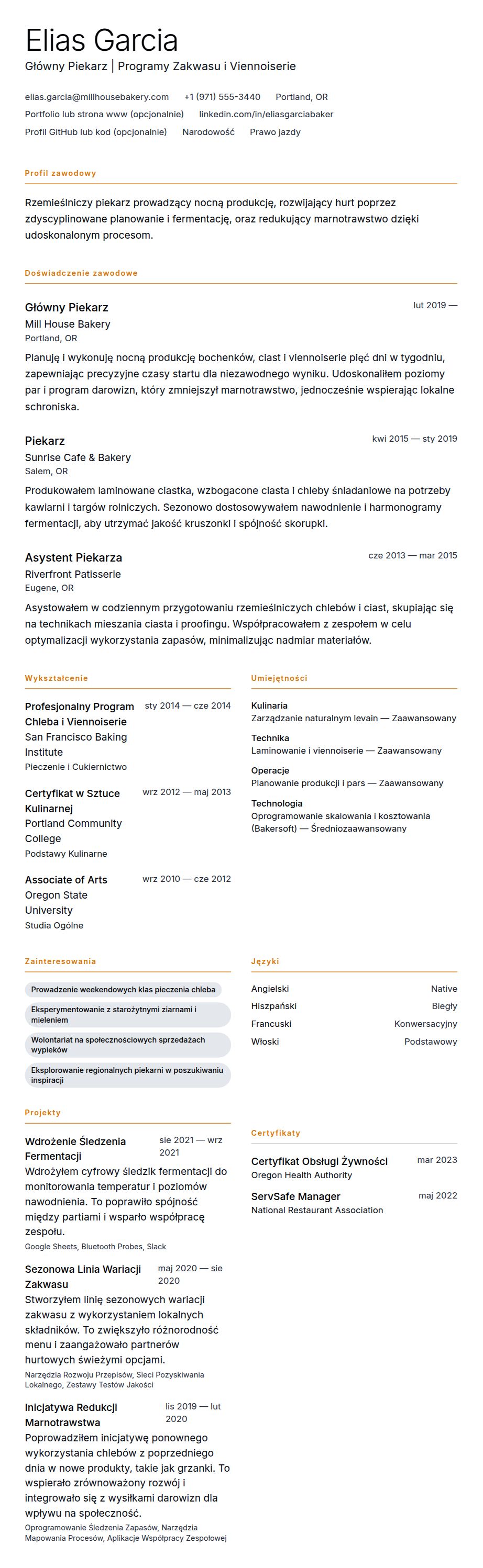 Podgląd CV Przykładowe CV Piekarza