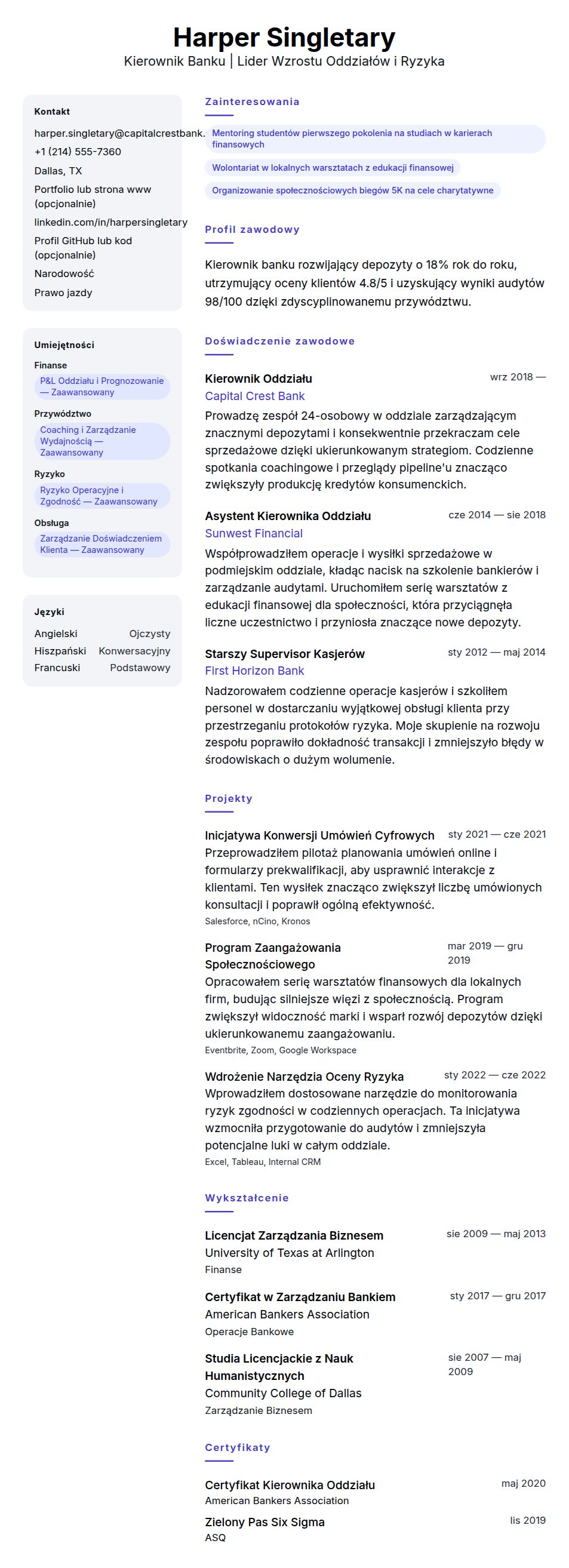 Podgląd CV Przykładowe CV Kierownika Banku