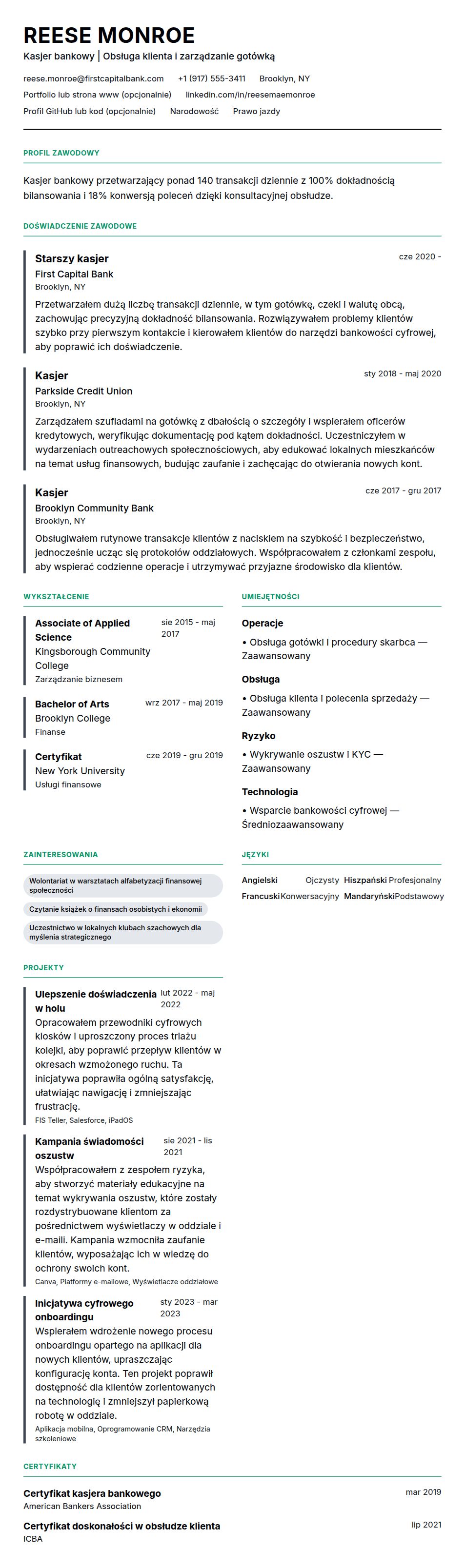 Podgląd CV Przykładowe CV kasjera bankowego