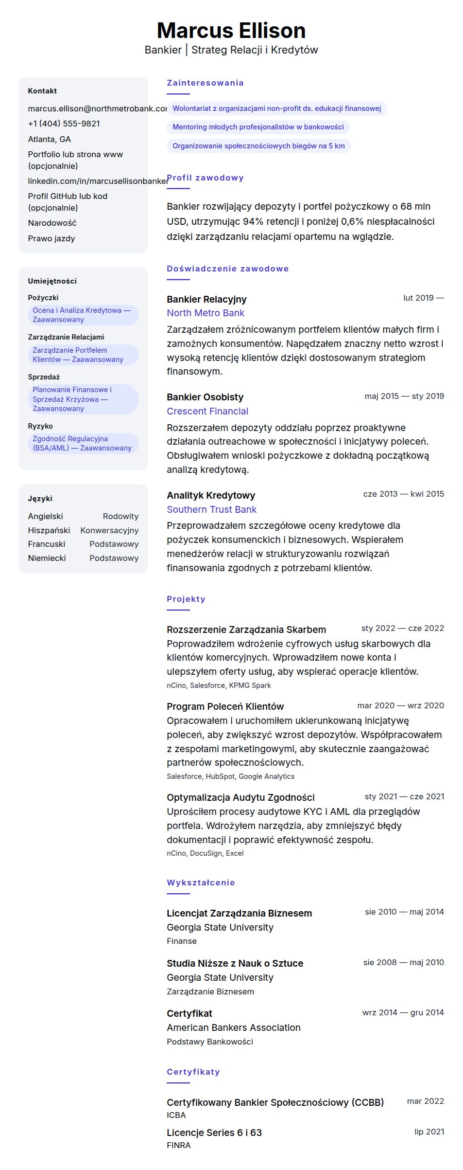 Podgląd CV Przykładowe CV Bankiera