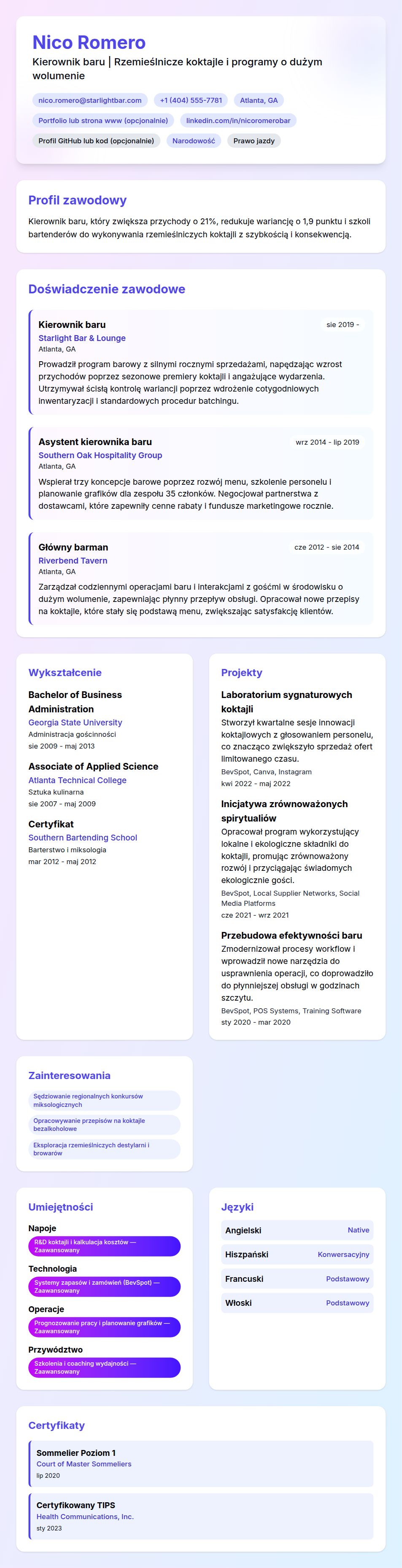 Podgląd CV Przykładowe CV Kierownika baru
