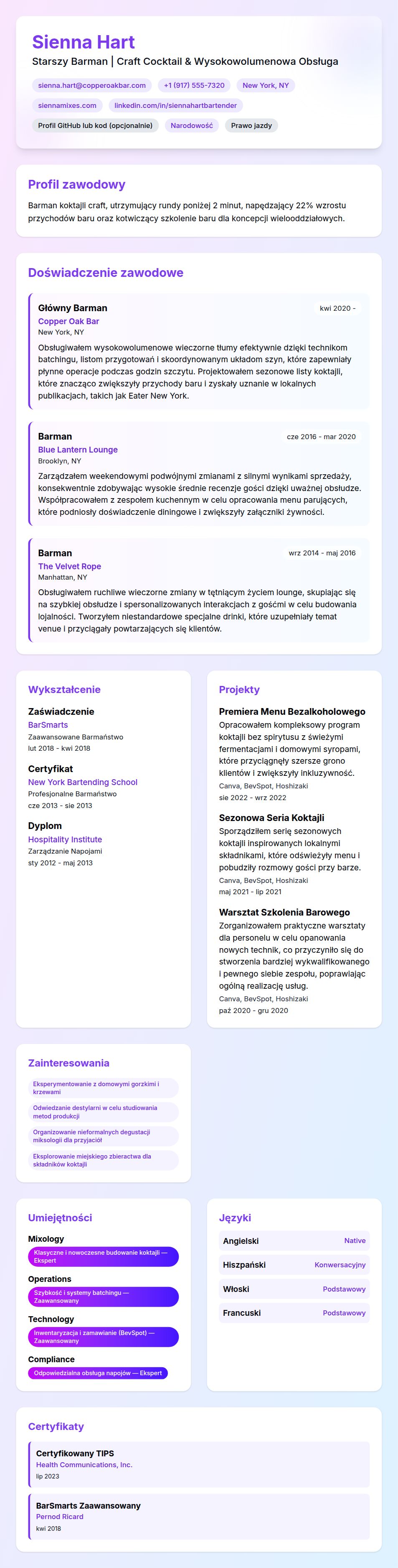 Podgląd CV Przykładowe CV Barmana