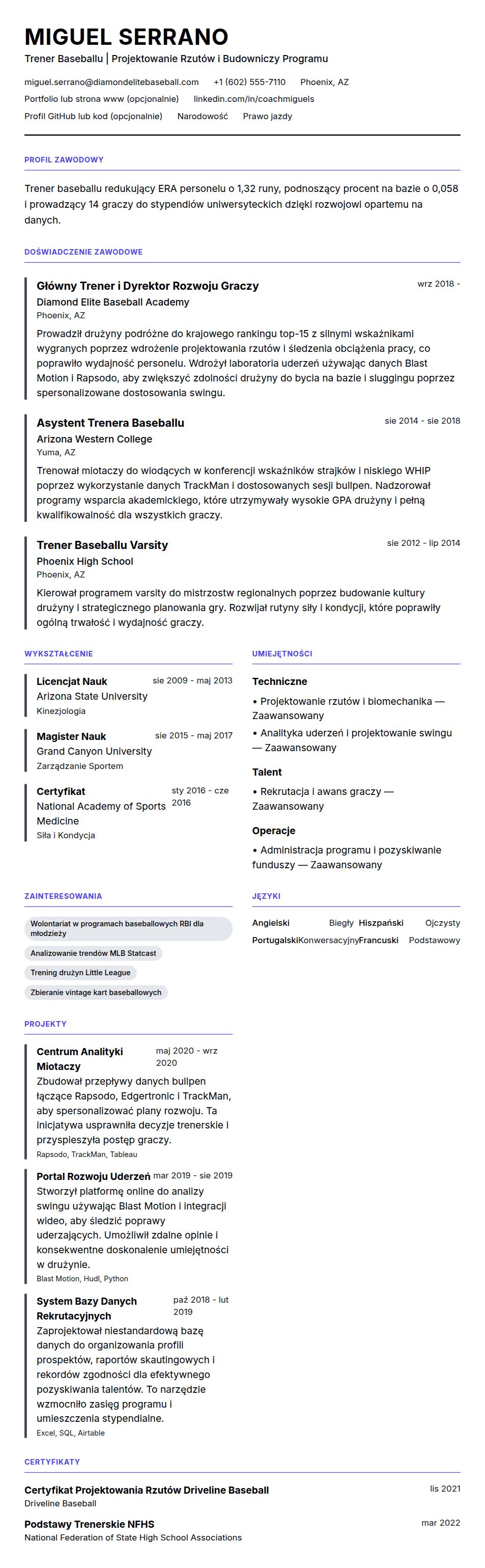 Podgląd CV Przykład CV Trenera Baseballu