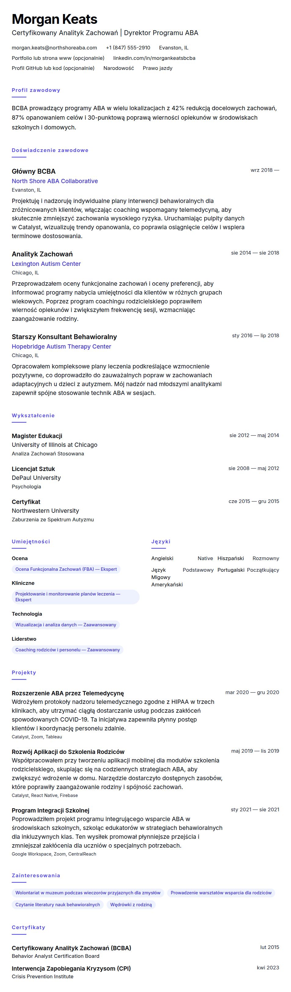 Podgląd CV Przykładowe CV Certyfikowanego Analityka Zachowań (BCBA)