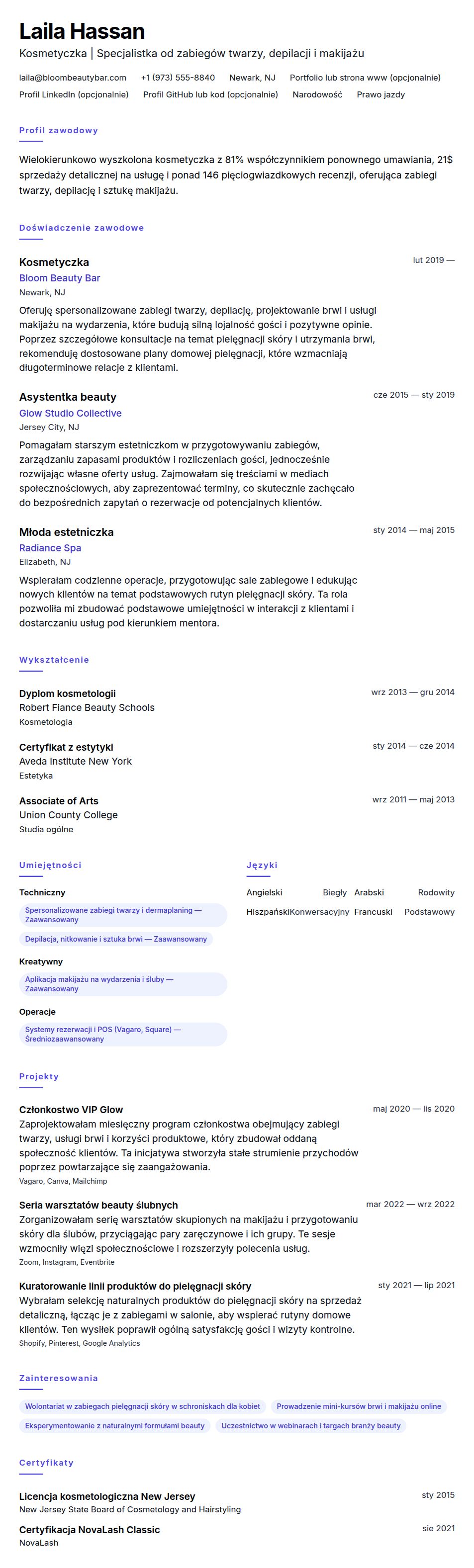 Podgląd CV Przykładowe CV kosmetyczki