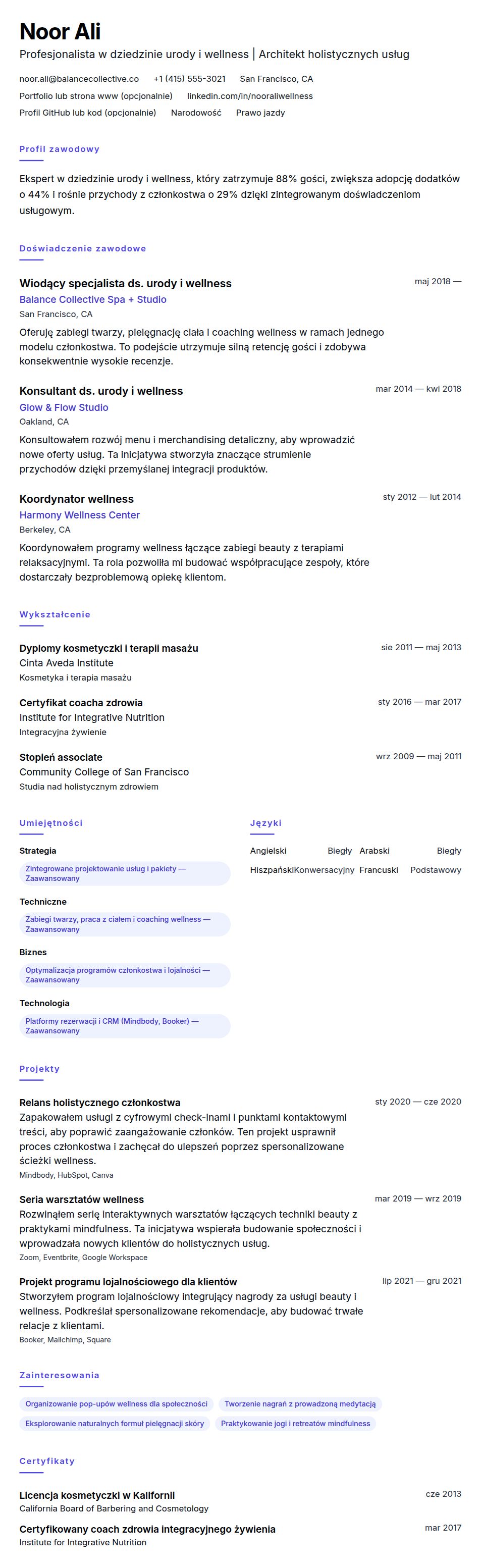 Podgląd CV Przykład CV profesjonalisty w dziedzinie urody i wellness