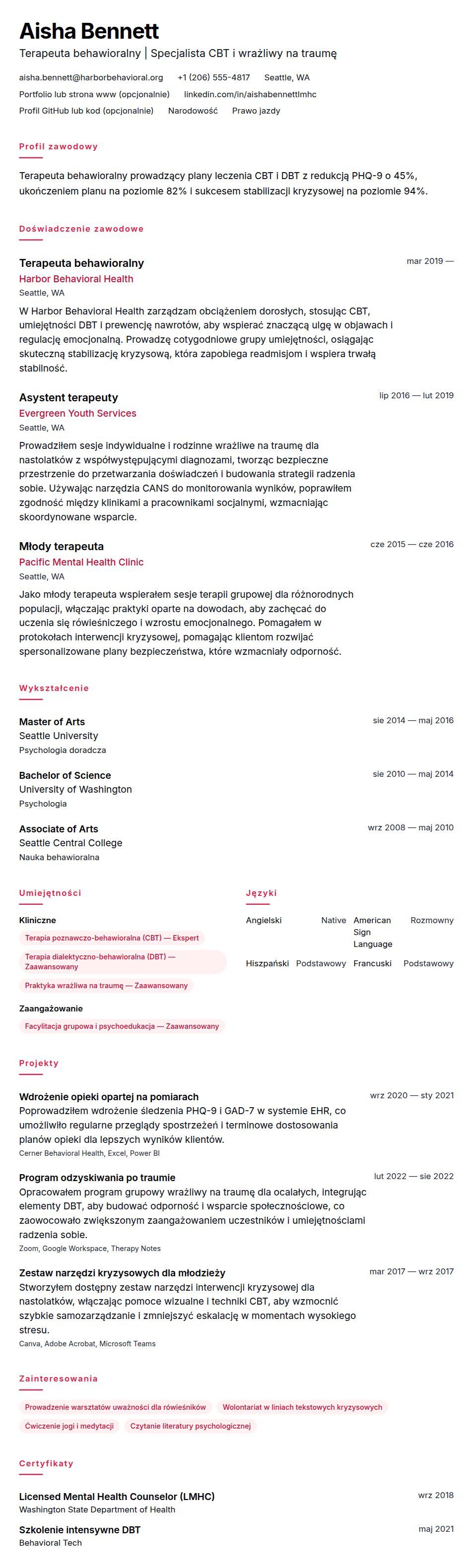 Podgląd CV Przykładowe CV terapeuty behawioralnego