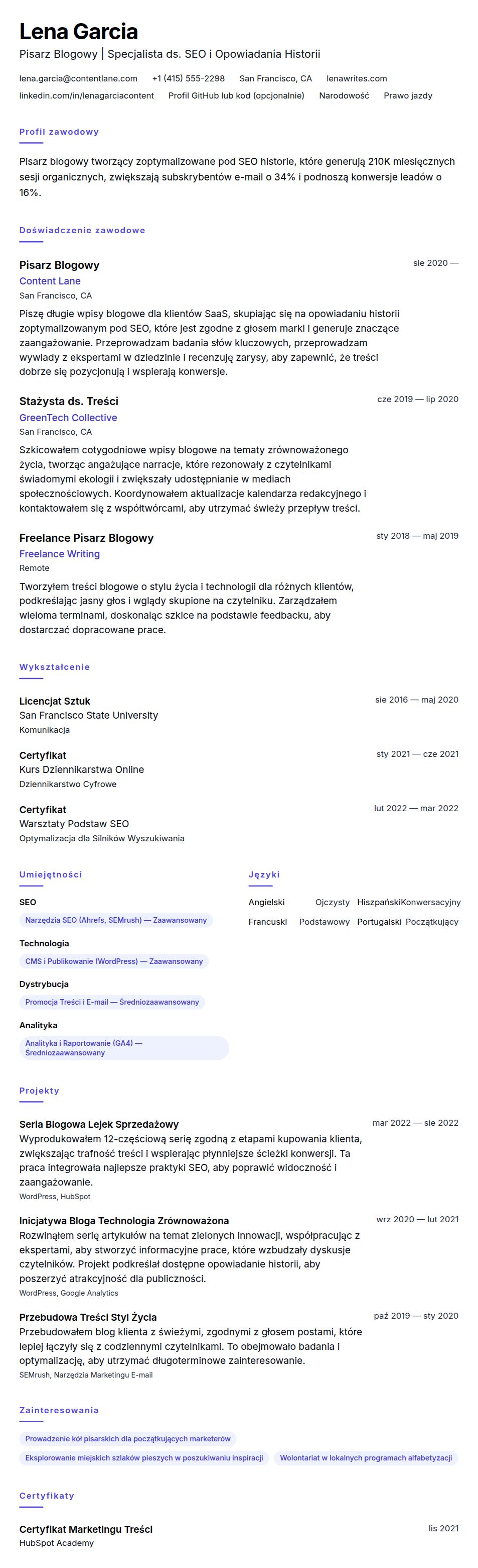 Przykładowe CV Pisarza Blogowego