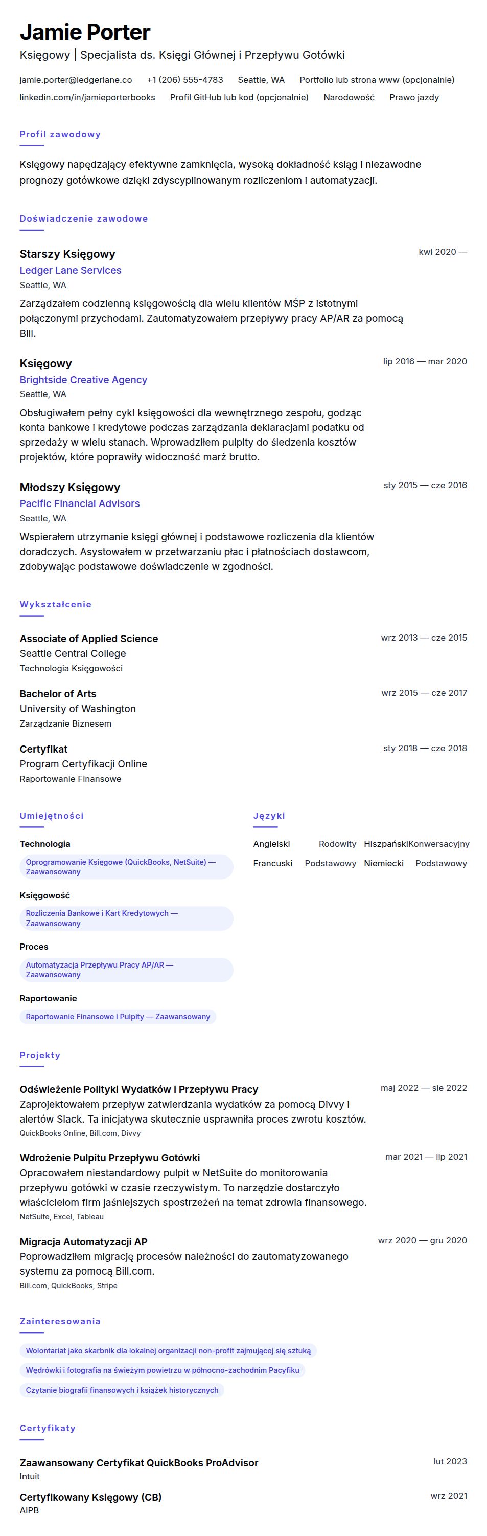 Podgląd CV Przykładowe CV Księgowego