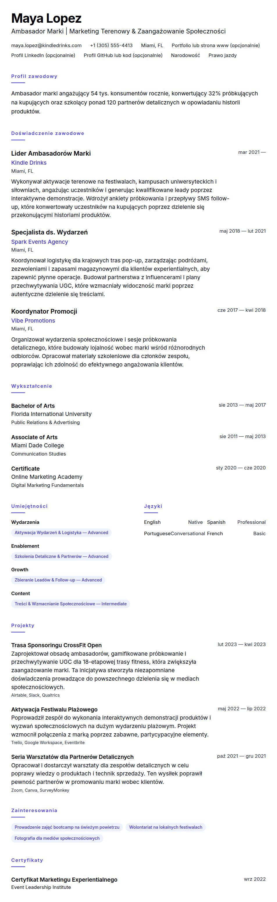 Podgląd CV Przykład CV Ambasadora Marki