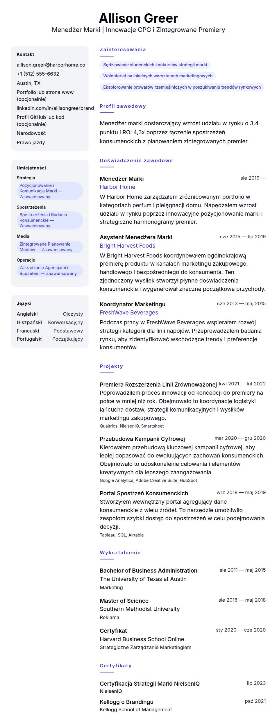 Podgląd CV Przykładowe CV Menedżera Marki