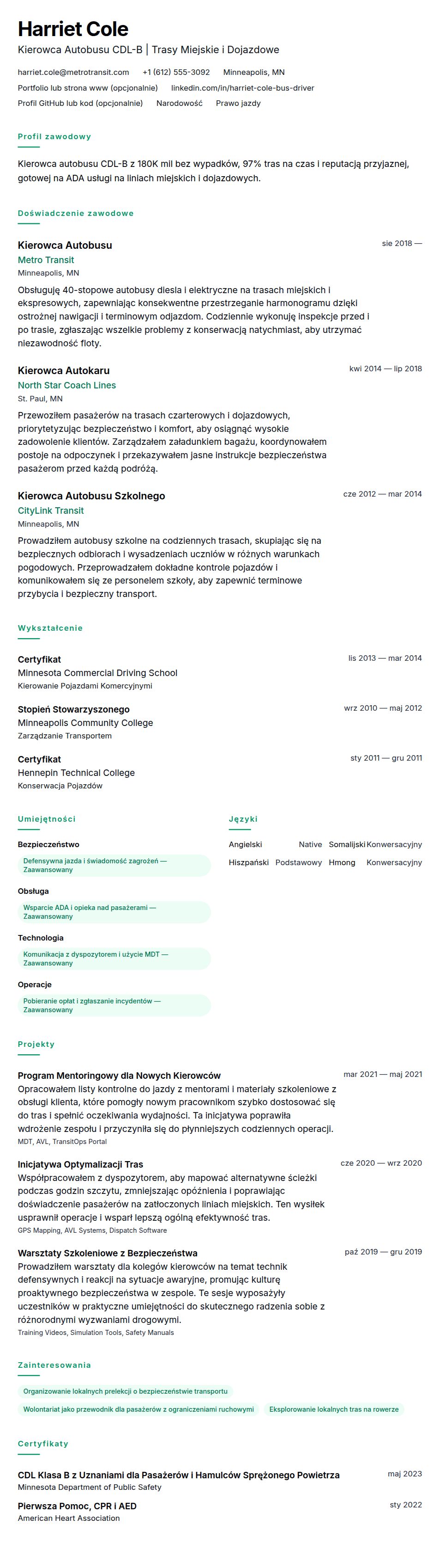 Podgląd CV Przykładowe CV Kierowcy Autobusu