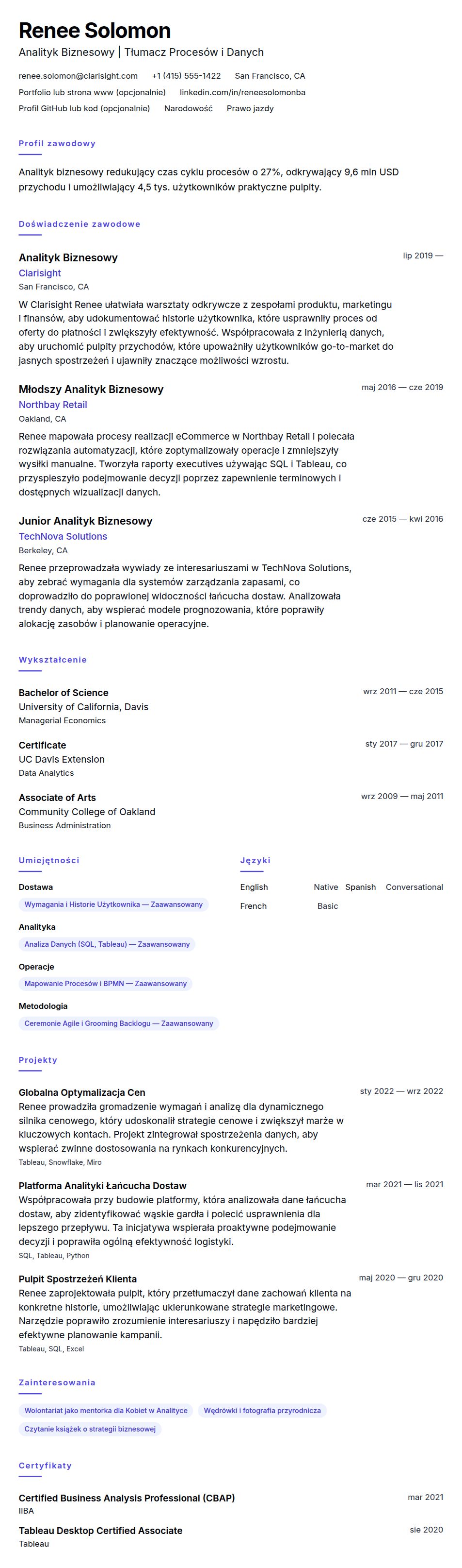 Podgląd CV Przykładowe CV Analityka Biznesowego