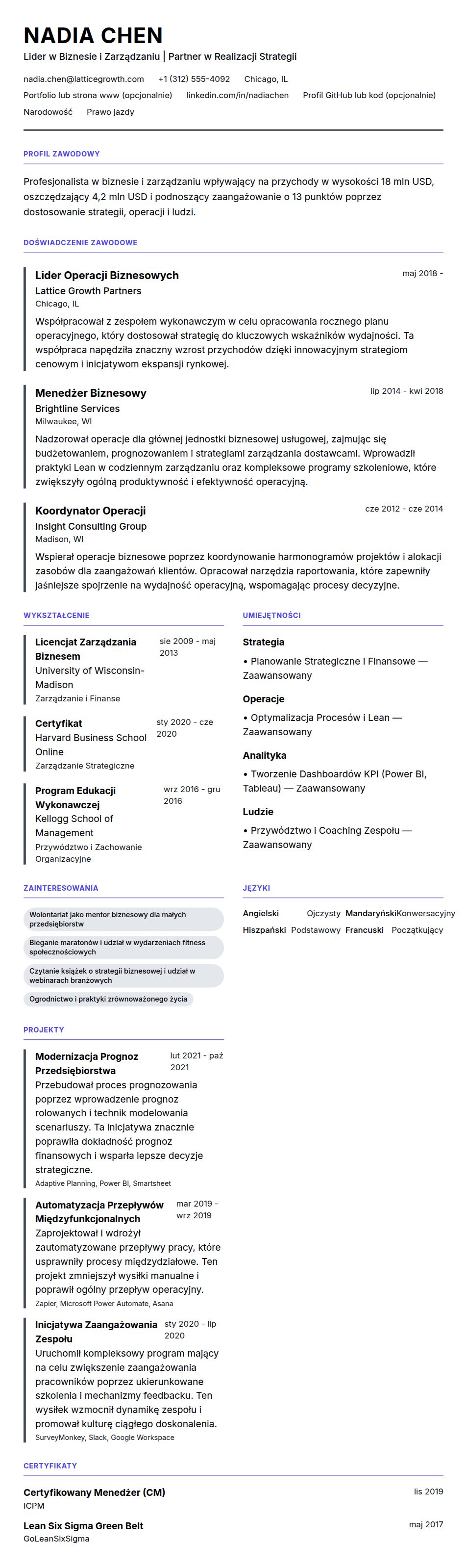 Przykładowe CV Profesjonalisty w Biznesie i Zarządzaniu