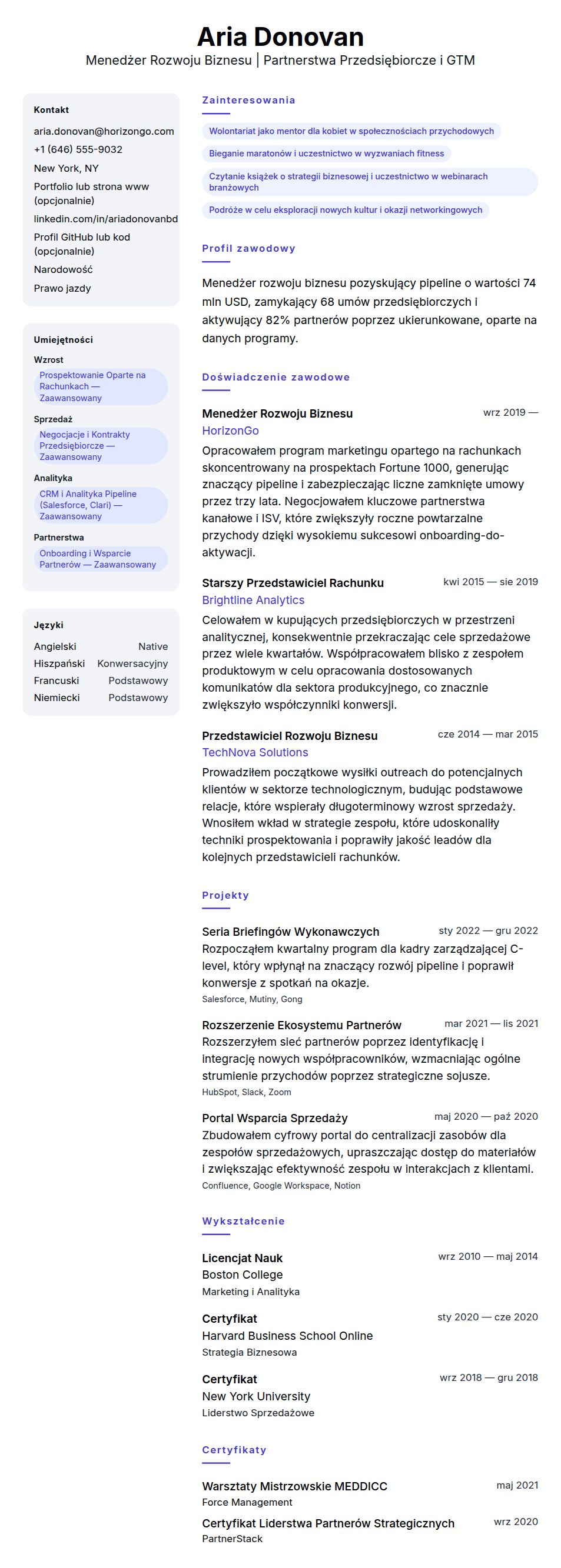 Podgląd CV Przykładowe CV Menedżera Rozwoju Biznesu