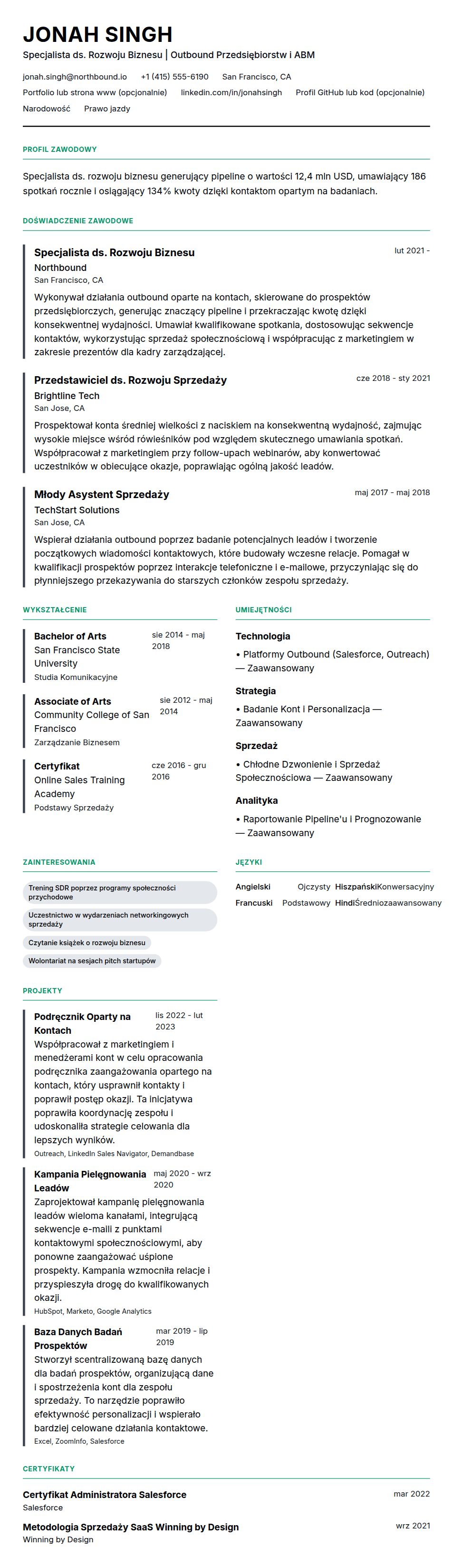 Podgląd CV Przykładowe CV Specjalisty ds. Rozwoju Biznesu