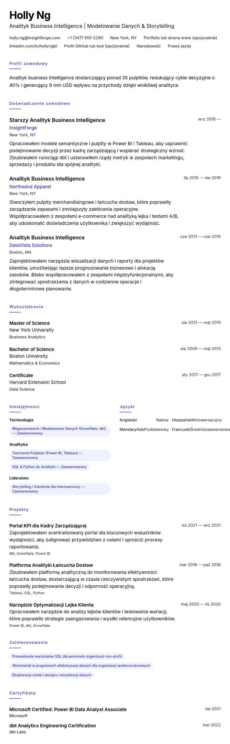 Podgląd CV Przykładowe CV Analityka Business Intelligence