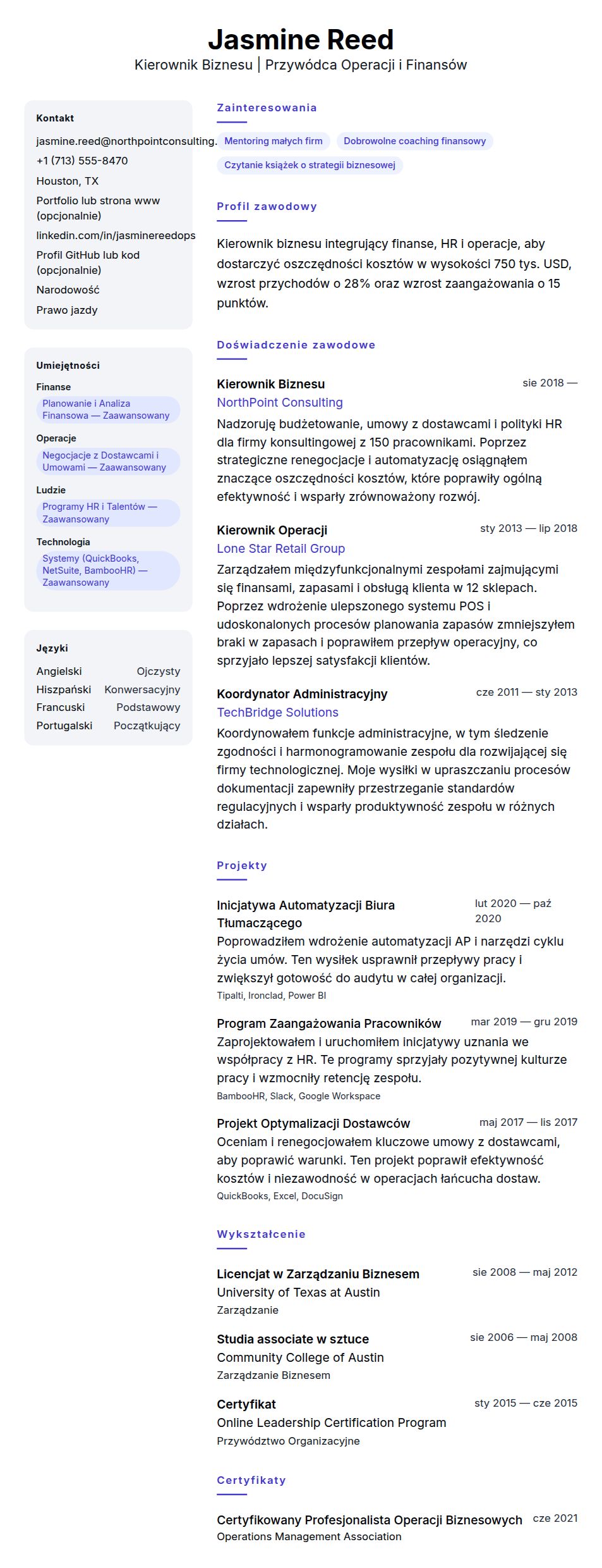 Przykładowe CV Kierownika Biznesu
