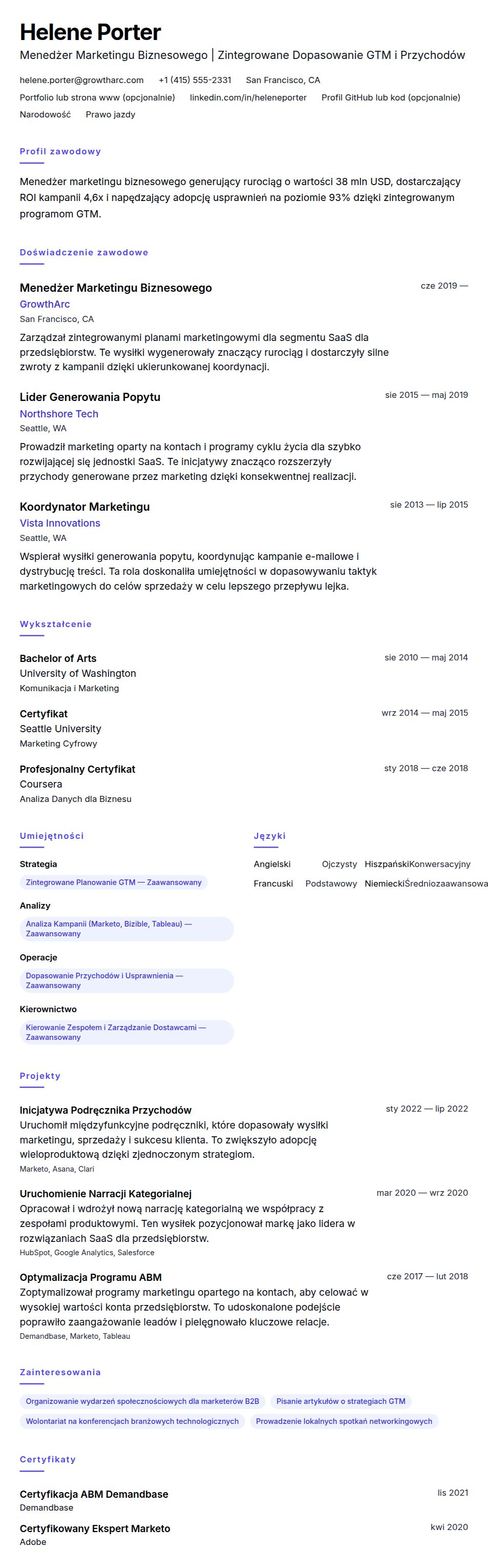 Podgląd CV Przykład CV Menedżera Marketingu Biznesowego