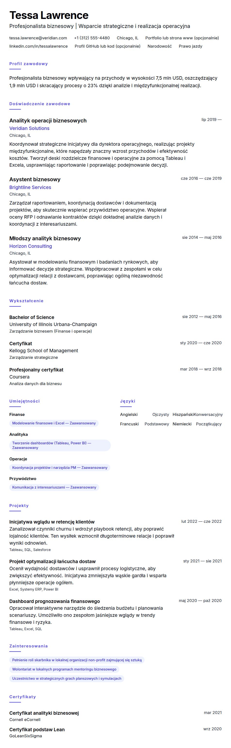 Podgląd CV Przykład CV dla profesjonalisty biznesowego