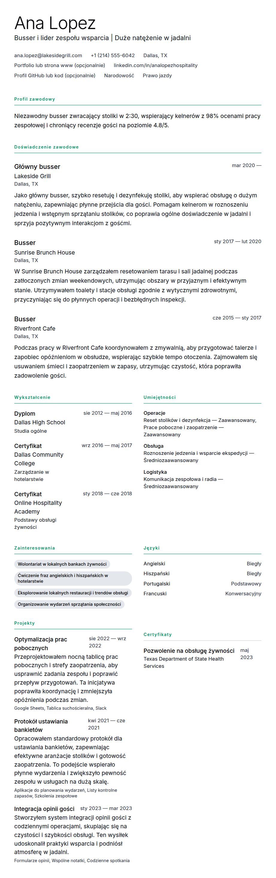 Podgląd CV Przykładowy życiorys bussera