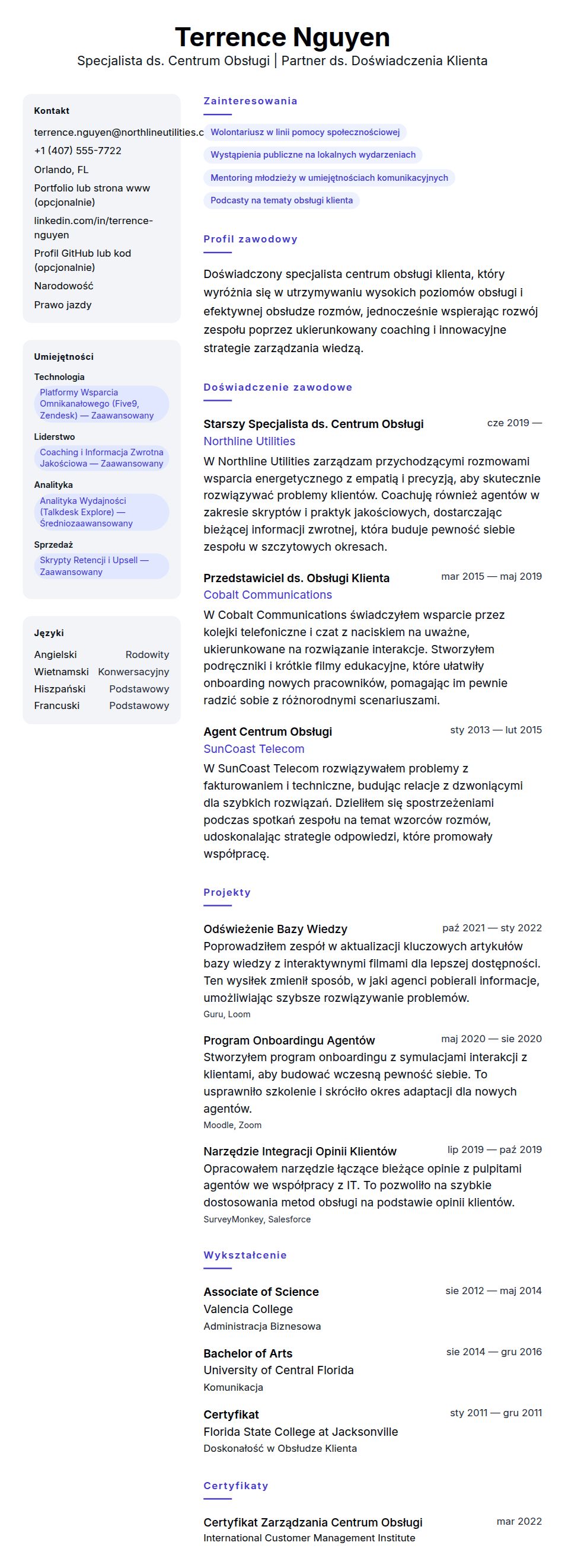Podgląd CV Przykładowe CV Specjalisty ds. Centrum Obsługi Klienta