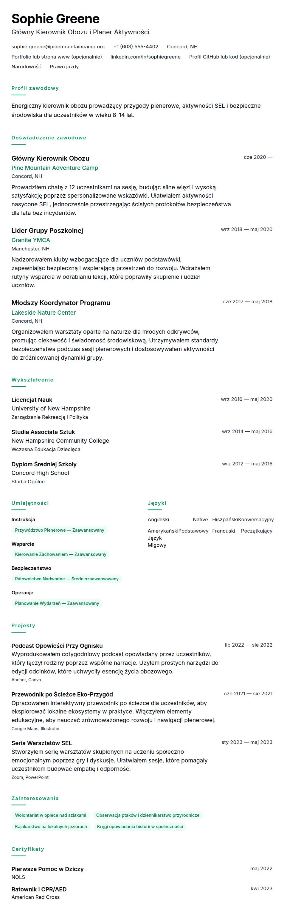 Podgląd CV Przykładowe CV Kierownika Obozu