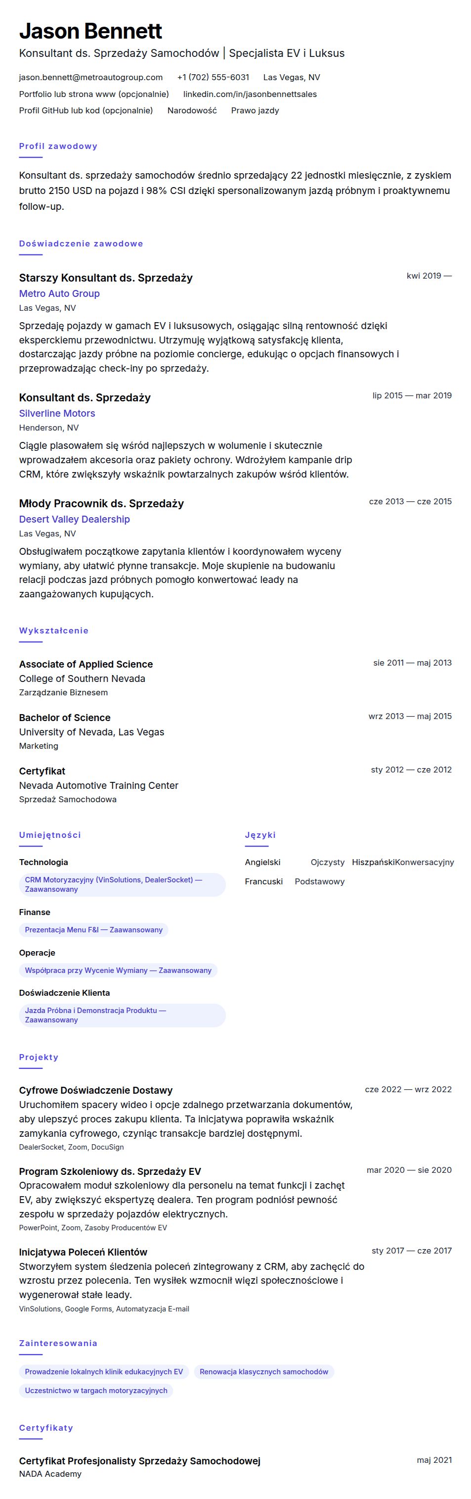 Podgląd CV Przykładowe CV Konsultanta ds. Sprzedaży Samochodów